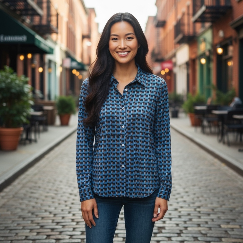 Geometric Print Blouse - Blue, Black, and Camel
